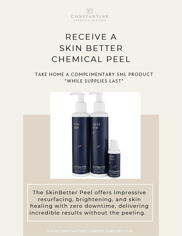 RECEIVE A SKIN BETTER CHEMICAL PEEL. Take home a complimentary 5ml product *while supplies last*. The SkinBetter Peel offers impressive resurfacing, brightening, and skin healing with zero downtime, delivering incredible results without the peeling.